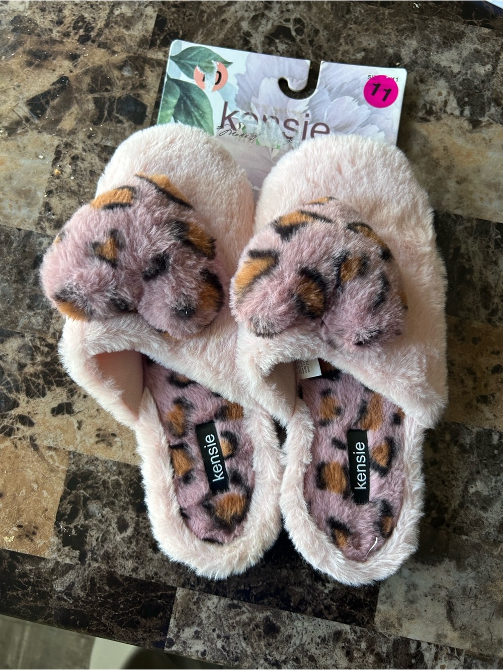 Kensie Kids Pink Faux-Fur Leopard Bow Slippers